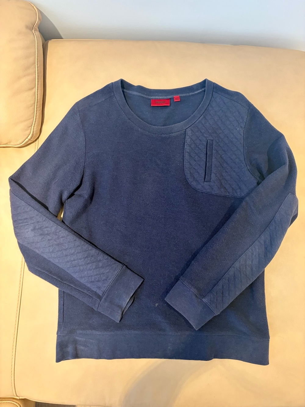 HUGO Navy Crewneck Sweatshirt with Red Logo Tag